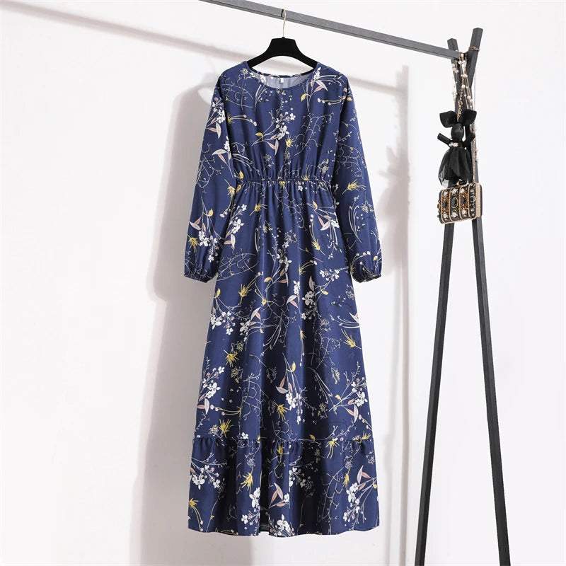 Frühling Sommer Frauen Maxi Kleider Casual Volle Hülse Floral Gedruckt Oansatz Frau Bohe Strand Party Lange Kleid Mujer Vestidos
