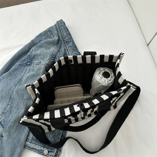 Cool Street Handbag, Large Capacity Women's Shoulder Bag, Trendy Striped Canvas Crossbody Bag, Fashion Travel Shopping Tote Bag.