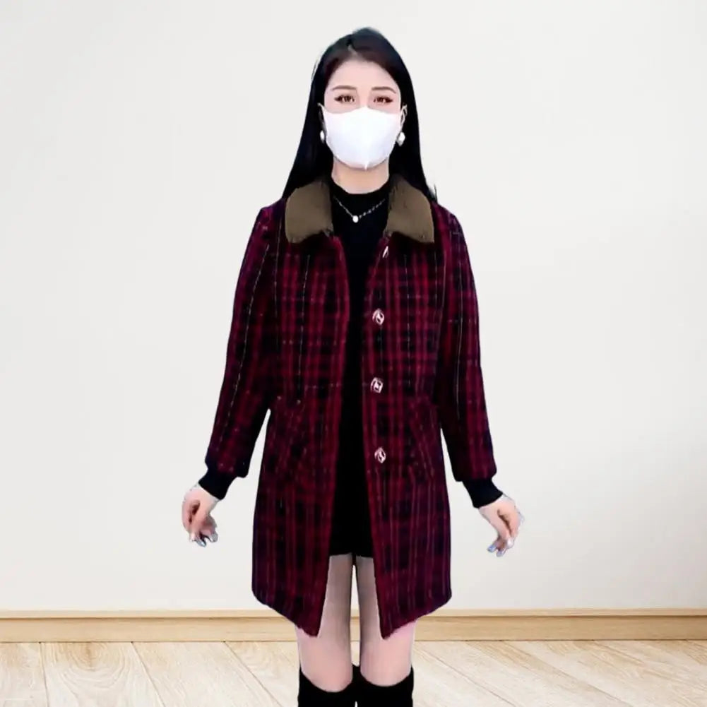 Frauen Plaid Mantel Karierten Winter Mutter Jacke Taschen drehen-unten Kragen einreiher Mid Länge Mantel Mid-aged frauen Mantel
