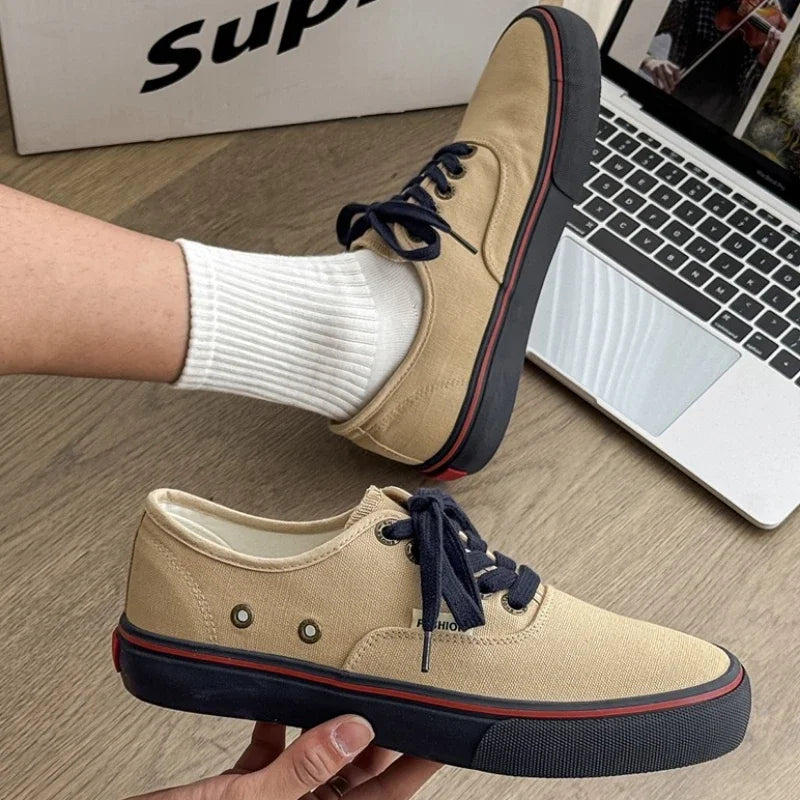 Boys' Casual Canvas Skateboard Shoes with Patchwork Low Cut Shoes Men's Minimalist Fashion Sneakers Trendy Lace Up Flat Bottom