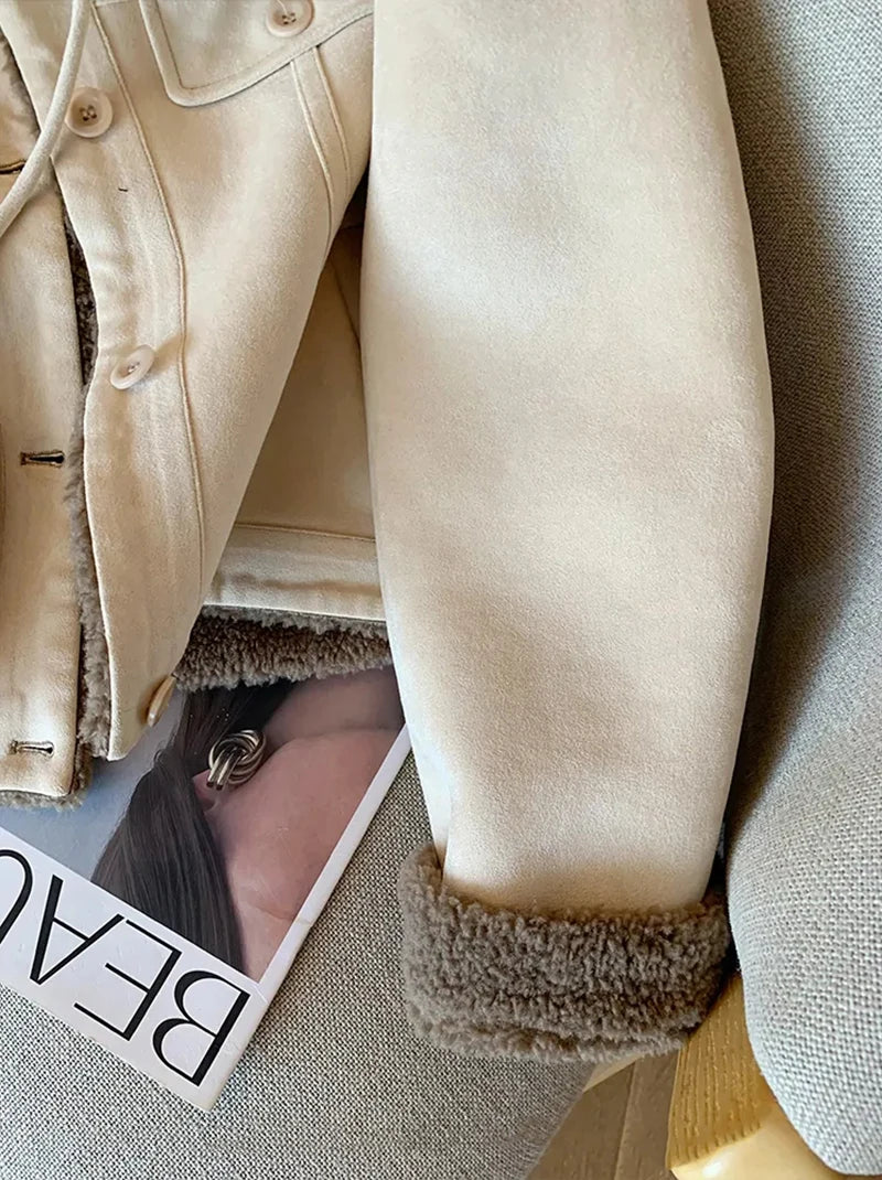 Wildleder Samt Lamm Jacke Frauen Herbst Winter Dicke Warme Turndown Kragen Mantel Y2K Lose Streetwear Alle Spiel Langarm Outwear