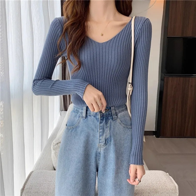 2025 einfarbig Schlank Pullover Koreanische Herbst Winter V-ausschnitt Pullover Mode Lässig Langarm Gestrickte Pullover Frauen Kleidung