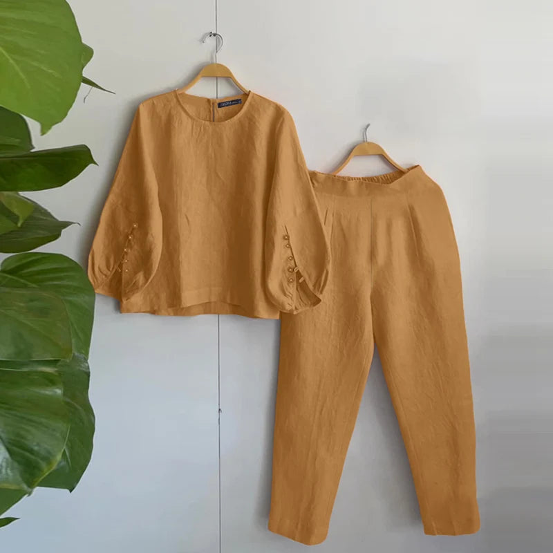 Fashion Women Two Piece Outfit ZANZEA Long Sleeve Top 2025 Autumn Casual High Waist Long Pants Sets Solid 2PCS Suits Tracksuit