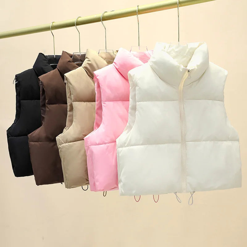 Herbst Winter Kurze Baumwolle Weste Elegante Solide Zipper Ärmel Stehkragen Warme Stepp Weste Mäntel Reise Jacke Im Freien