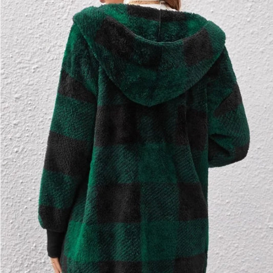 Frauen Herbst Winter Doppel Fleece Plaid Strickjacke Weiche Lose Lange Hülse Plüsch Warme Mit Kapuze Jacke Weibliche Patchwork Oberbekleidung Mantel.