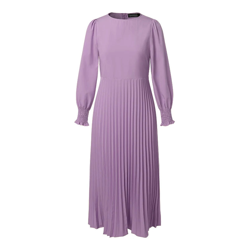 ZANZEA Elegantes Damen-Plisseekleid, edel, gesmokte Bündchen, langärmelig, O-Ausschnitt, Fit und Flare, lang, Vestidos, Pendeln, solide Party-Roben