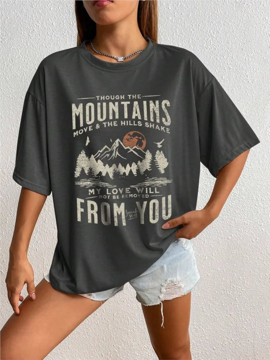 Spring Woman Cotton T-Shirts Mountains Setting Sun Printed Short Sleeve Tees Fashion Female Clothes Comfortable Soft Street Tops.