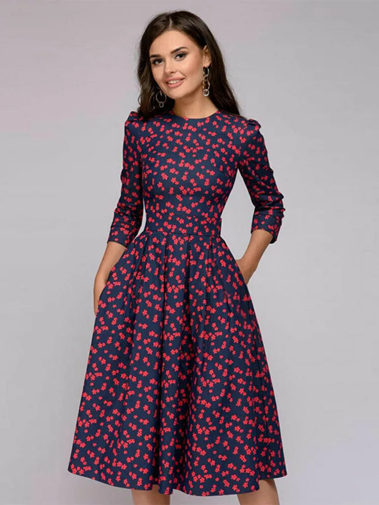 Vintage plissierten tunika druck kleid frauen Elegante damen A linie kleider langarm weibliche herbst mixi party kleid vestidos