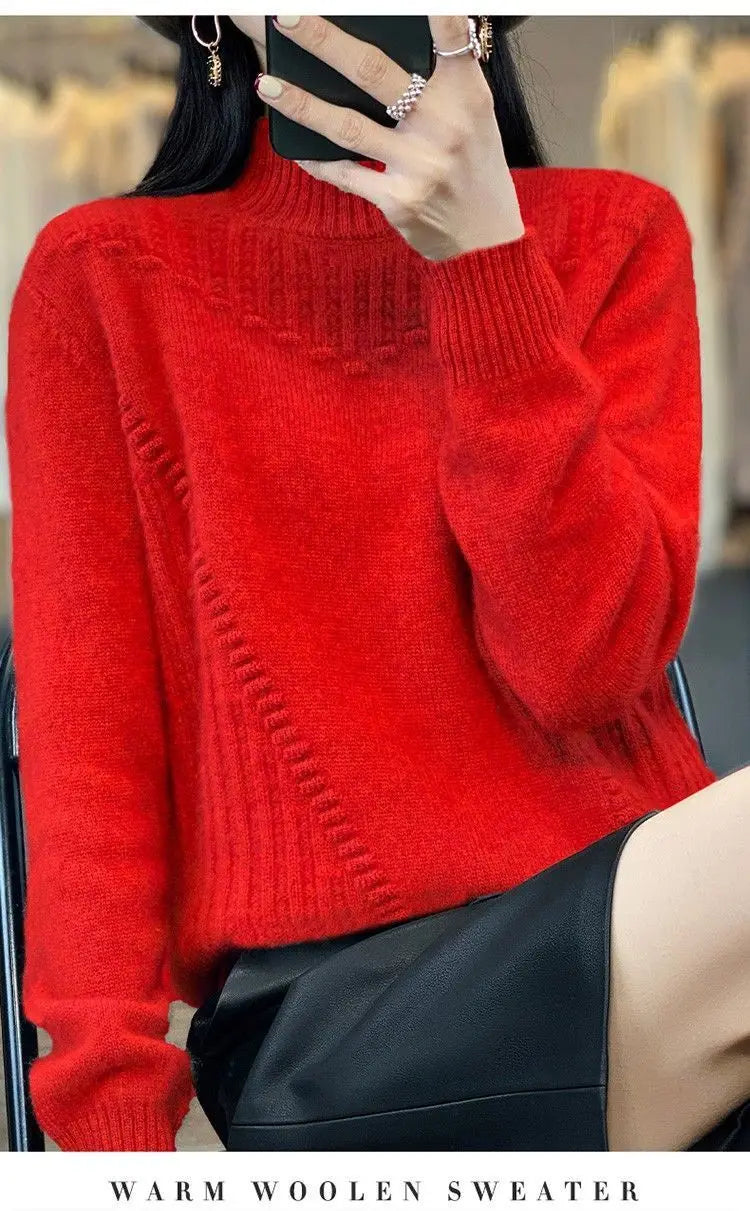 2024 herbst Neue Lose frauen Halb-rollkragen Verdickt Einfarbig Einfache Häkeln Beiläufige Gestrickte Pullover Pullover Top