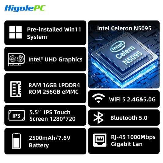 Higole Gole 2 Pro 5.5'' Intel N5095 Mini PC Windows 11 WiFi5 BT5.0 8/16GB 256GB Touch Screen 4K Desktop Computer Windows Tablet.