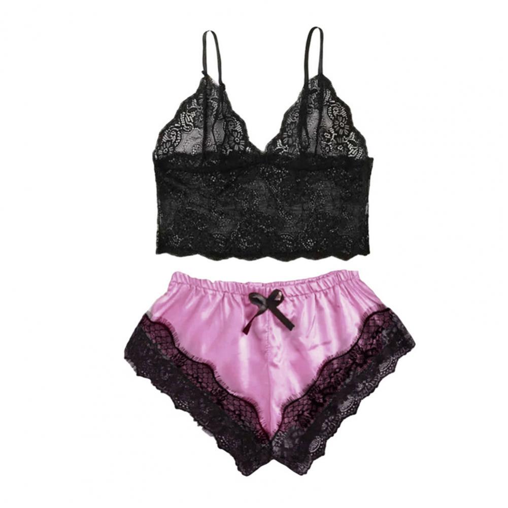 Spaghetti träger Shorts Frauen Nachtwäsche Set elastisch einfarbig weibliche Leibchen Shorts Spitze Frauen Nachtwäsche Set