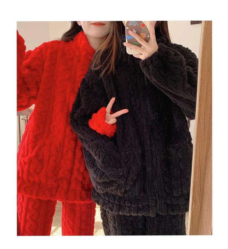 Große Größe Flanell Pyjama Set Herbst Winter Weibliche Nachtwäsche Hosen Anzug Verdicken Korallen Fleece Hohe Kragen Lounge Tragen Homewear