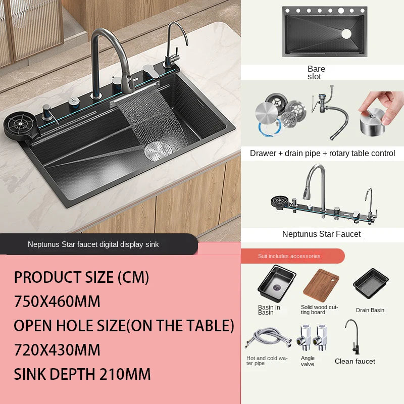 Heißer verkauf Edelstahl Wasserfall Küche Waschbecken Mit Messer Halter Digital Display Wasserhahn Set Geprägte Extra Große Einzigen Slot