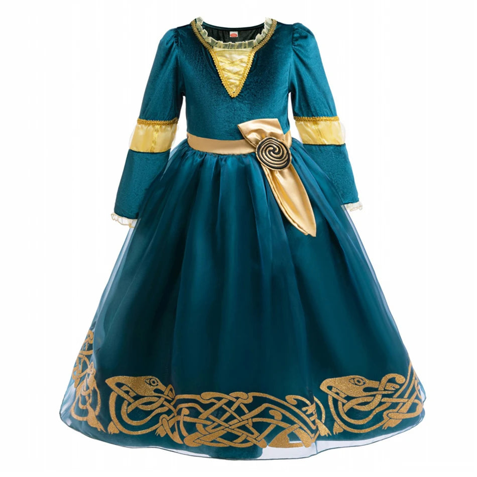 Girls Merida Cosplay Princess Dress Children Stage Performance Clothes Kids Halloween Carnival Party Long Sleeves Outfits