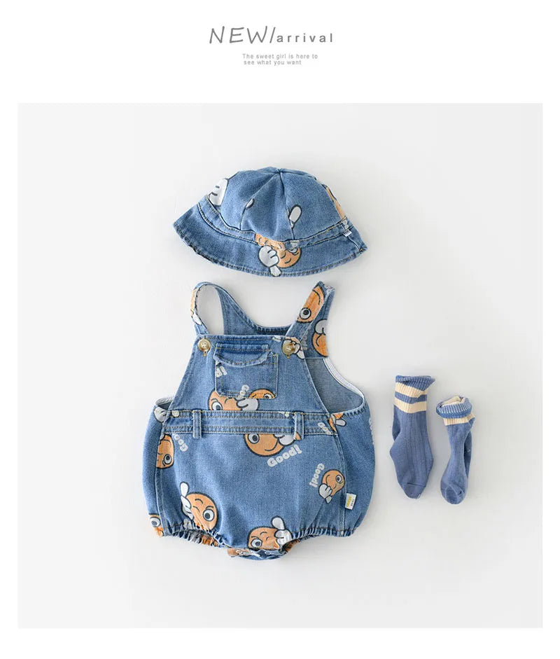 2 Stück Sommer Kinder Baby Denim Bodysuit und Mützen Anzüge einteilige Unisex Kleinkind Jungen Mädchen weiche Jeans Kleidung Jeans Sprung anzüge