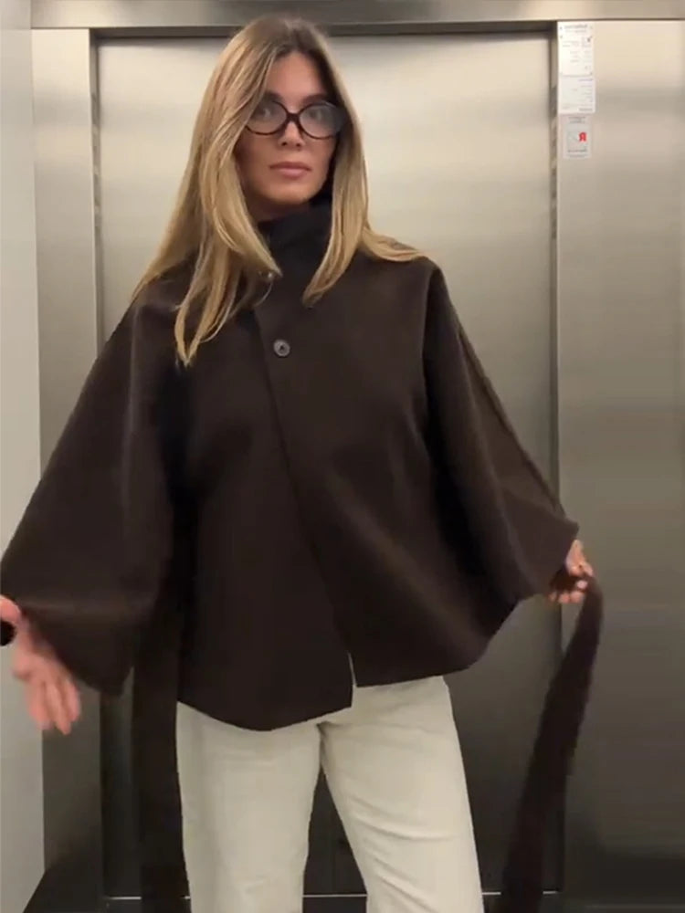 Damenmantel, kurze Cape-Mäntel für Damen, Gürtel, Mäntel aus Kunstwolle und Mischungen, Herbst-Winter, feste Mäntel, elegante Umhangjacke für Damen