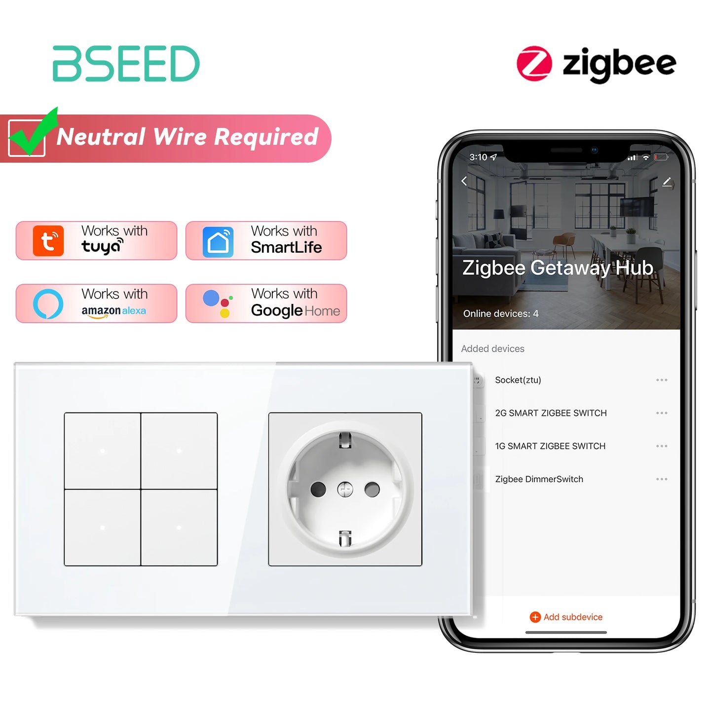 BSEED Zigbee Click Wandschalter Serie Intelligente Lichtschalter Gelbe Hintergrundbeleuchtung Glasrahmen Tuya-Schalter EU-Wandsteckdose USBC-Anschluss