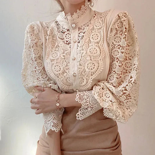 Fashion Long Sleeve Women Blouse Hollow Out Lace Blouse Shirt Tops Women Blusas Mujer De Moda 2024 Blouses Femme Women Shirts.