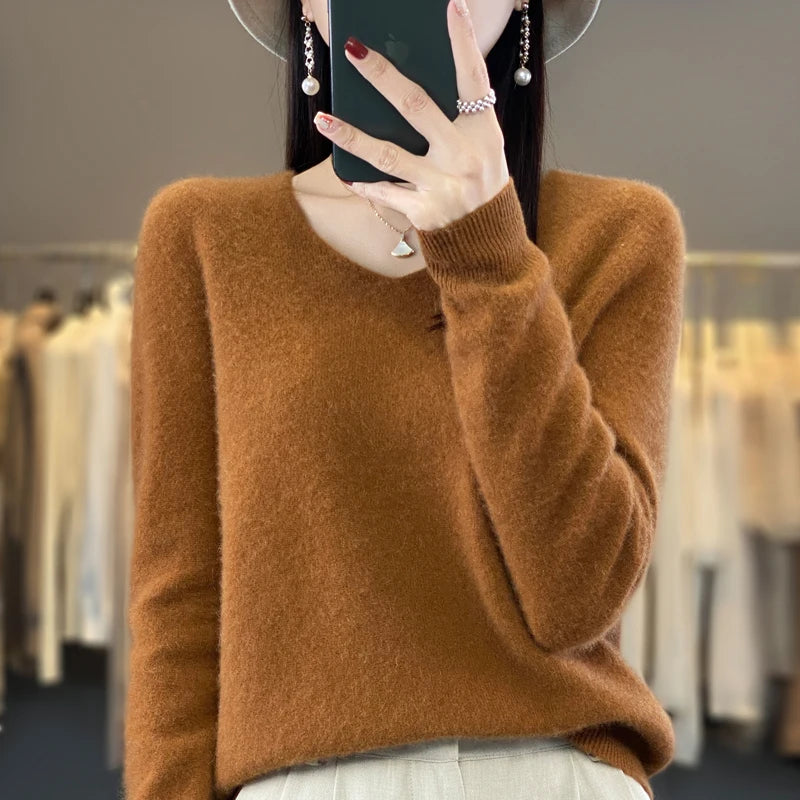 2024 100% Merino Reine Wolle V-ausschnitt Herbst Und Winter Pullover Pullover Neue Kaschmir Pullover frauen Beiläufige Gestrickte Top DMR201