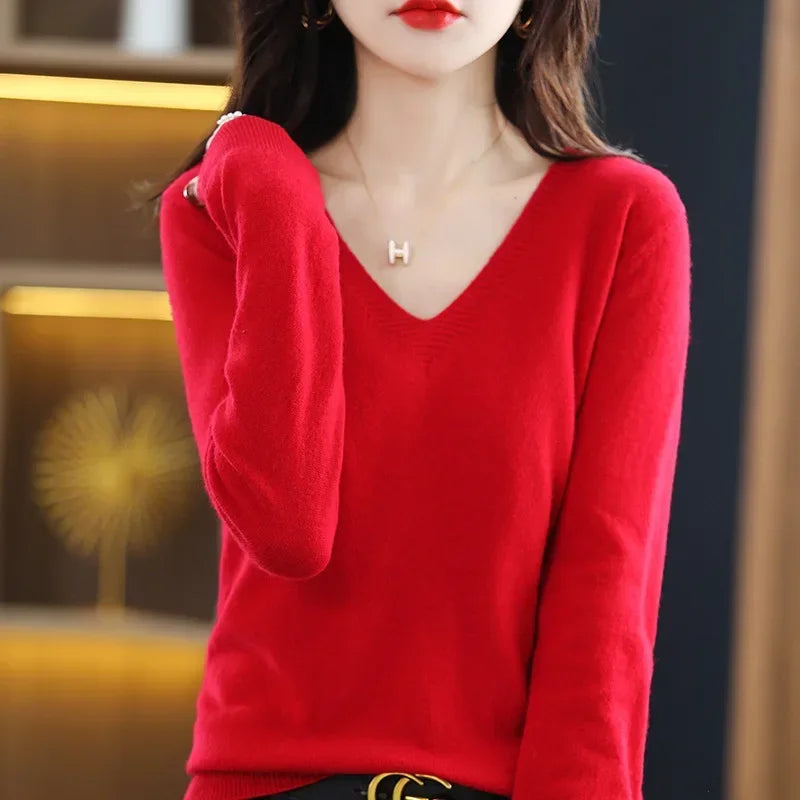 Herbst Winter Frauen Pullover 2025, Koreanische Mode Strickwaren Warme Lange Hülse V-ausschnitt Stricken Pullover Slim Fit Bodenbildung Shirt Jumper