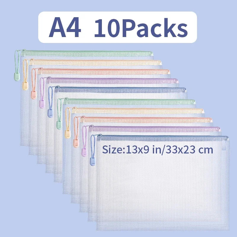 Zipper Mesh Bags A4/A5 Plastic Zipper Bags For Organizing Waterproof Clear Travel Bags Office Supplies Document,color random.