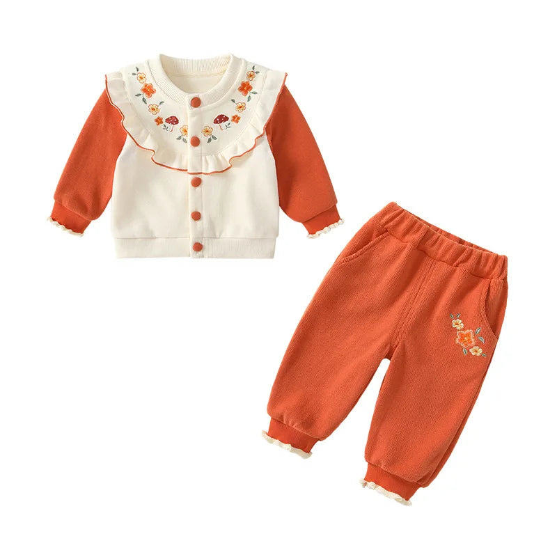 Kawaii Baby Mädchen Kleidung Pilz Sets Herbst Infant Rüschen Kragen Langarm Top Hosen Zwei-Stück Neugeborenen Baumwolle Outfit