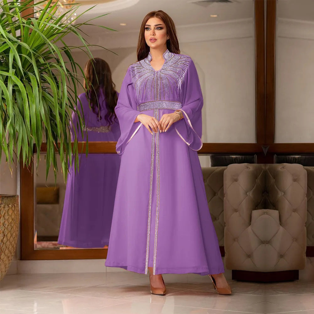 Uni Arabische Robe Mode Nahen Osten Muslimischen Kaftan Dubai Hot Fix Diamant Party Abendkleider für Frauen Kerb Stehkragen