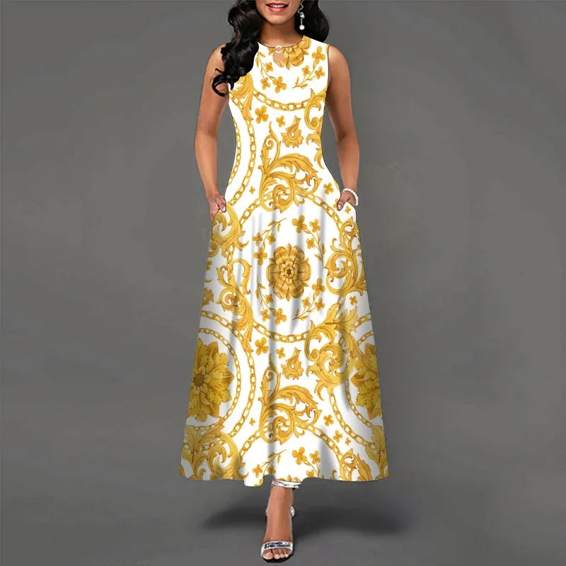 Blumendruck Neues lässiges ärmelloses langes Kleid Damen V-Ausschnitt bedrucktes Kleid Swing Bohemian Retro Kleider