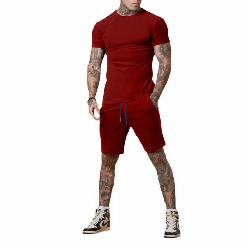 New 2025 summer leisure men sports suit Outdoor hiking jogging men's short sleeve breathable T-shirt + shorts two-piece set.