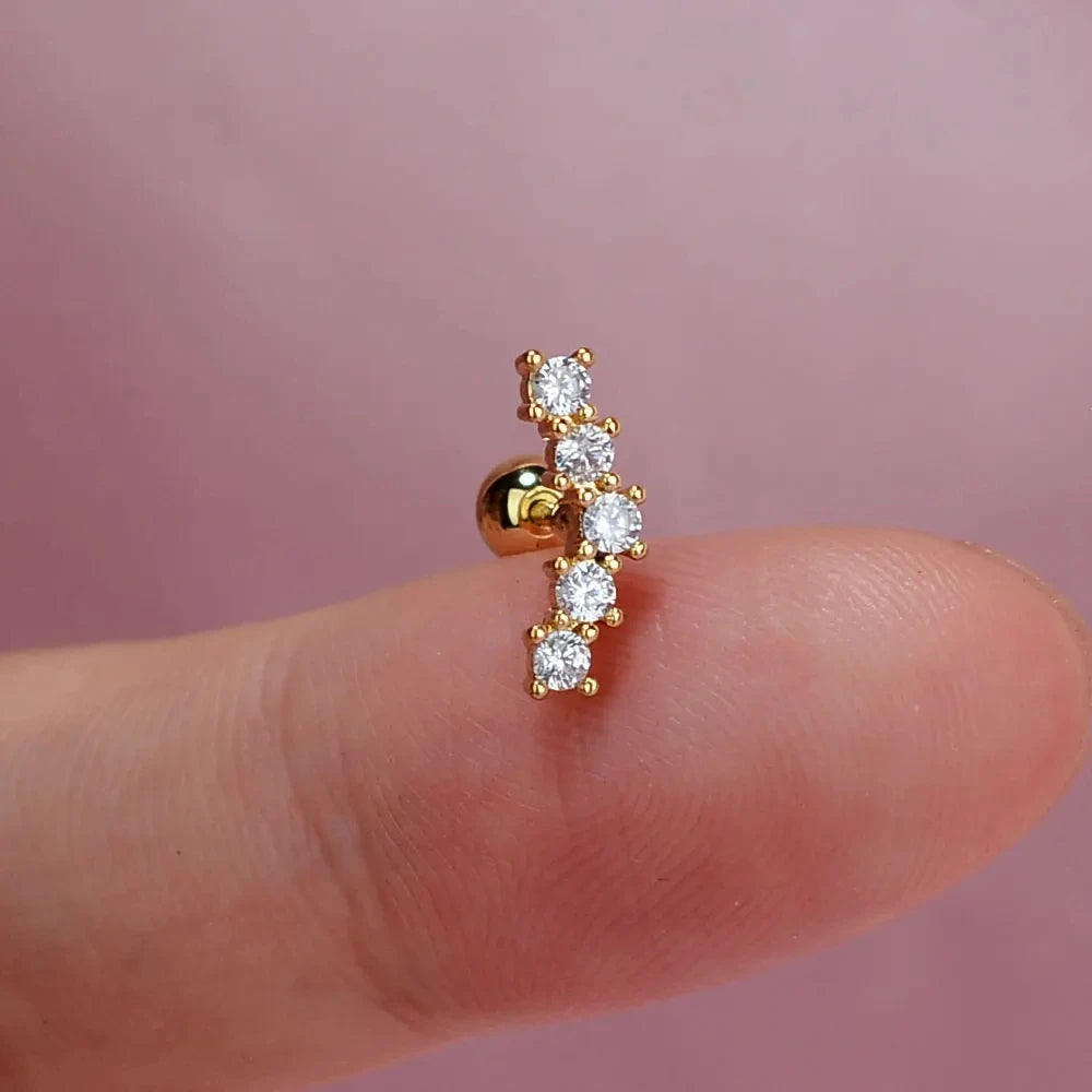 1PC New Curved Cz Cartilage Stud Moon Leaf Helix Rook Conch Screw Back Earring Stainless Steel Bar Ear Piercing Jewelry