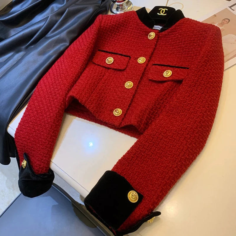 Mode Nähen Tweed Kurze Jacke Frauen Herbst Winter Elegante Büro Dame Mantel Y2K Koreanische O Neck Einreiher Crop Outwear