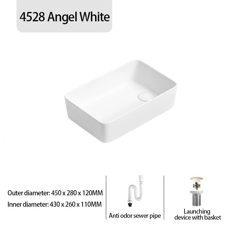 Rechteckiges Waschbecken aus Porzellan-Keramik für Badezimmer, modernes Waschbecken über der Theke mit Abflussset, Waschtischwaschbecken auf der Arbeitsplatte