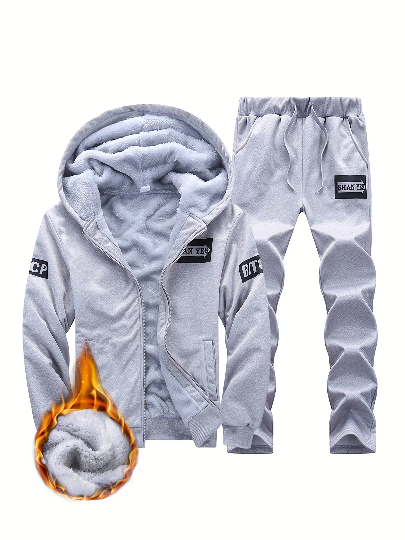 Men's winter thickened jacket with hood for outdoor sports Suit leisure running fitness warmth two-piece set.