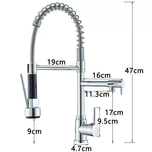Chrome Brass Kitchen Sink Faucet Pull Down Hot and Cold Water Mixer2 Mode Tap with Dual Spout 360 Rotation Flexible Deck Mounted