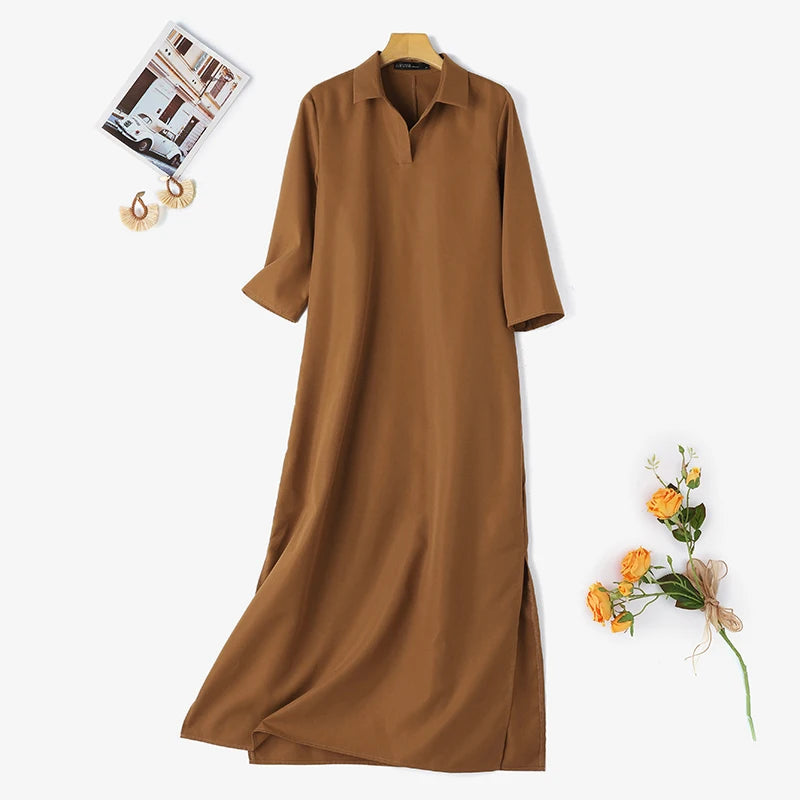 Zanzea Mode Frühling Revers Hals 3/4 Ärmel solide Kaftan Sommerkleid elegante Frauen langes Hemd Kleid Robe Femme Arbeit Party Vestido