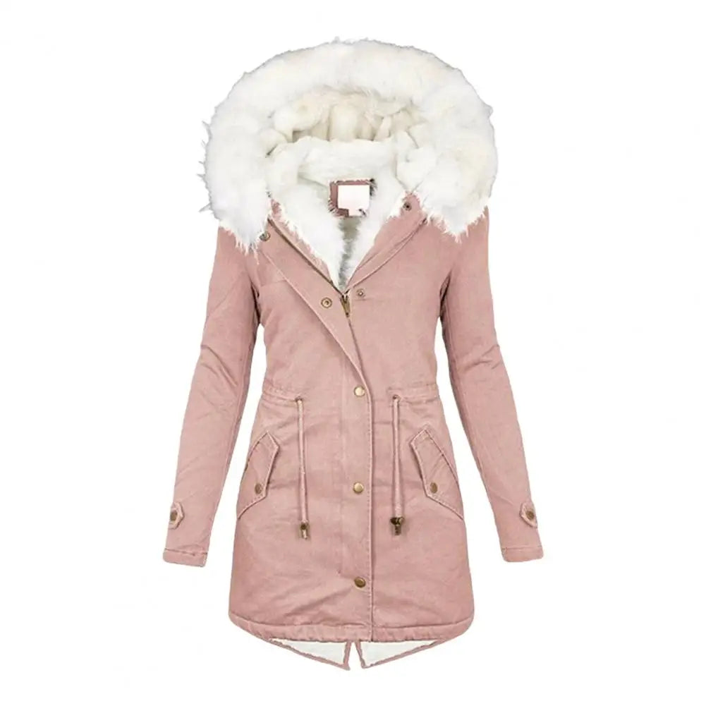 Verdickter Damen-Winter-Baumwollmantel, Kunstpelzkapuze, Fleece-Reißverschluss-Knopfjacke, winddicht, mittellang, schlanke Oberbekleidung