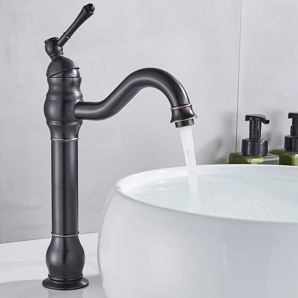 Antique Brass Basin Vessel Sink Faucet Deck Mounted One Hole Cold Hot Water Cold Hot Mixer Tap Bathroom Faucet