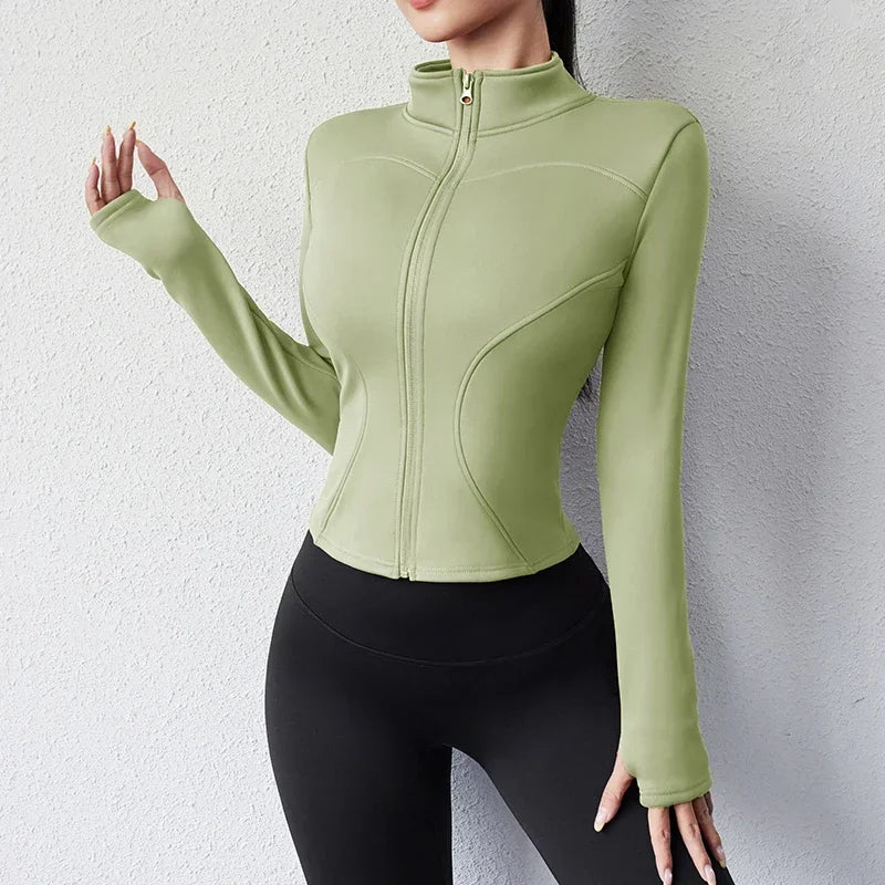 Damen Winter-Fleece-Yoga-Jacke mit durchgehendem Reißverschluss, langen Ärmeln, Workout, Activewear, Sport-Fleece-Yoga-Jacke mit Daumenloch