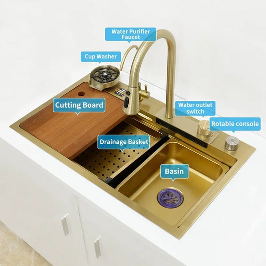 Waterfall Kitchen Sink Gold 304 Stainless Steel Modern Multifuctional Large Sink Above Counter Apron Front Installation