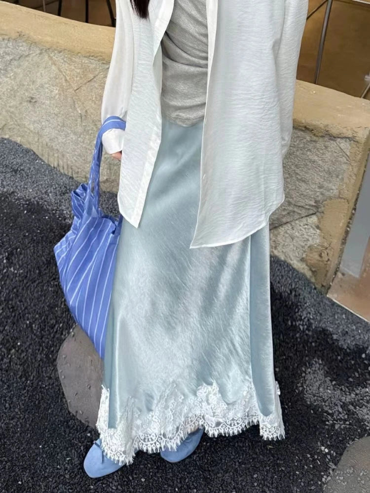 Satin Lace Patchwork Midi Skirt 2025 Women A-line Elegant Smooth Skirt Women Clothing