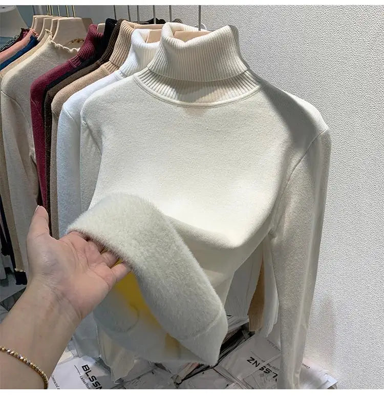 2025 neue Verdicken Hohe Kragen Pullover frauen Pullover Top Winter Warme und Weiche Einfarbig Inneren Tragen Bodenbildung Shirt