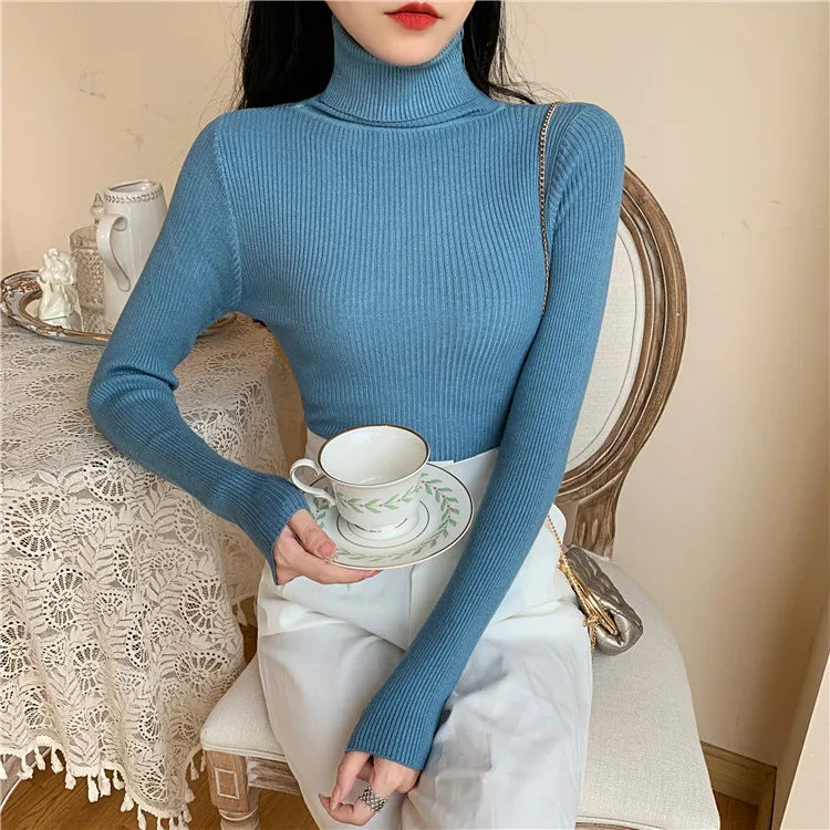 2023 herbst Winter Frauen Langarm Gestrickte Foldover Rollkragen Rippen Pull Pullover Weiche Warme Femme Jumper Pullover Kleidung