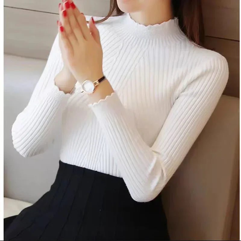 Frauen Mock Neck Rüschen Pullover Langarm Gestrickte Bodenbildung Solide Pullover Frauen Casual Streifen Pullover Herbst Winter 2023