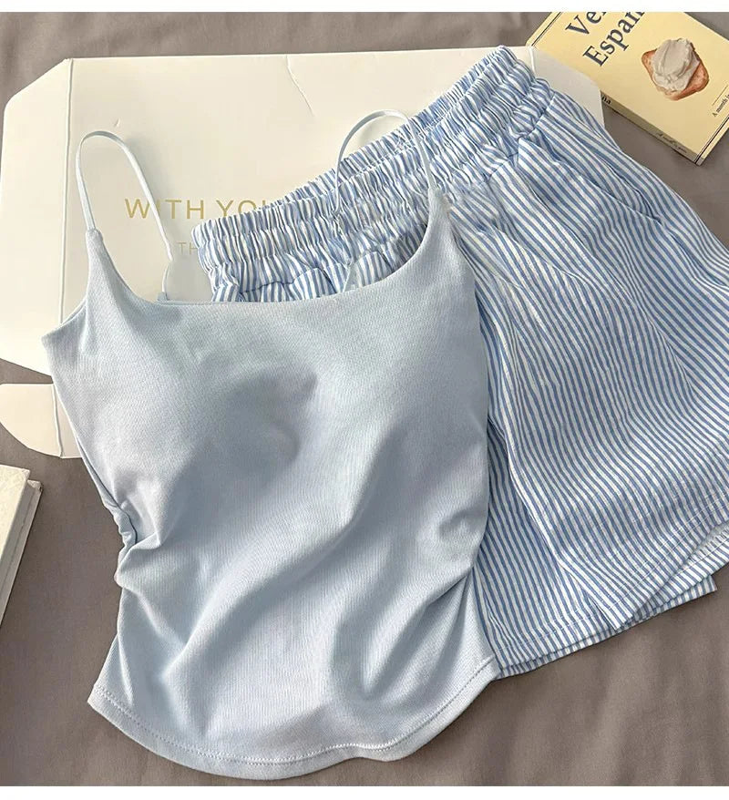 Einfarbiger Pyjama mit Brustpolstern, gestreifte Shorts für Damen, Sommer, dünne Leibchen-Shorts, Loungewear, großer Pyjama, zweiteiliges Set
