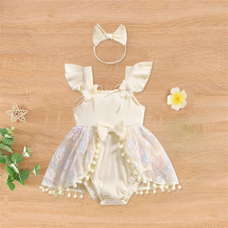 0-18M Kleinkind Baby Mädchen Sommer Strampler Kleid Nette Rüschen Ärmellose Square Neck Blume Body mit Stirnband Set neugeborene Kleidung