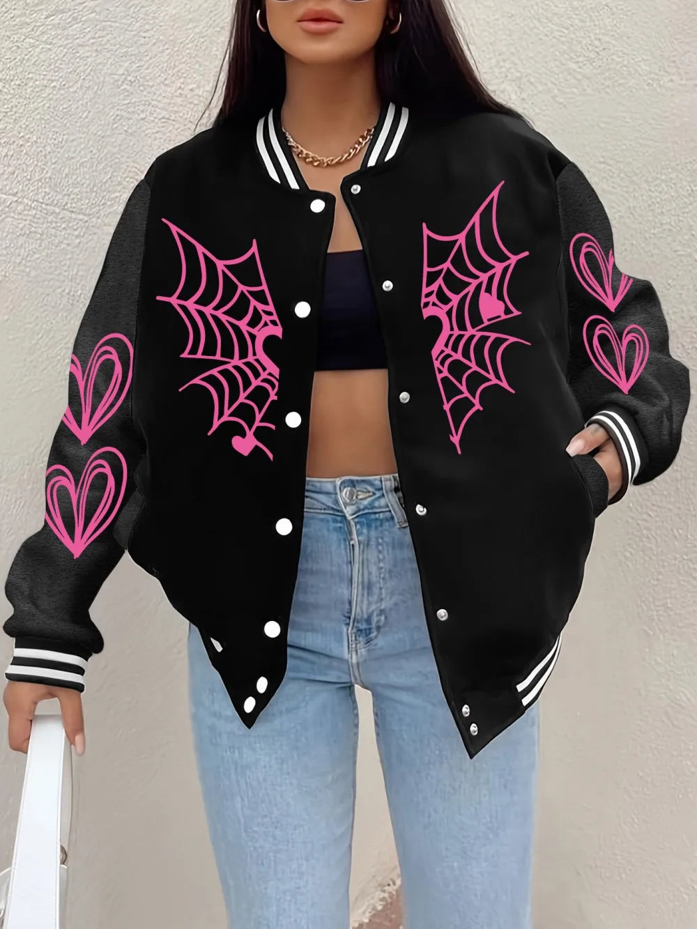 Spider'S Web Heart Printing Baseball-Mantel für Damen, bequeme, lockere Jacken, Winter-Fleece, warme Oberteile, Basics, lässige Damenbekleidung