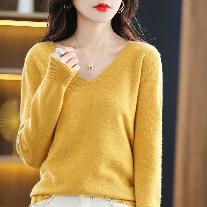 Herbst Winter Frauen Pullover 2025, Koreanische Mode Strickwaren Warme Lange Hülse V-ausschnitt Stricken Pullover Slim Fit Bodenbildung Shirt Jumper