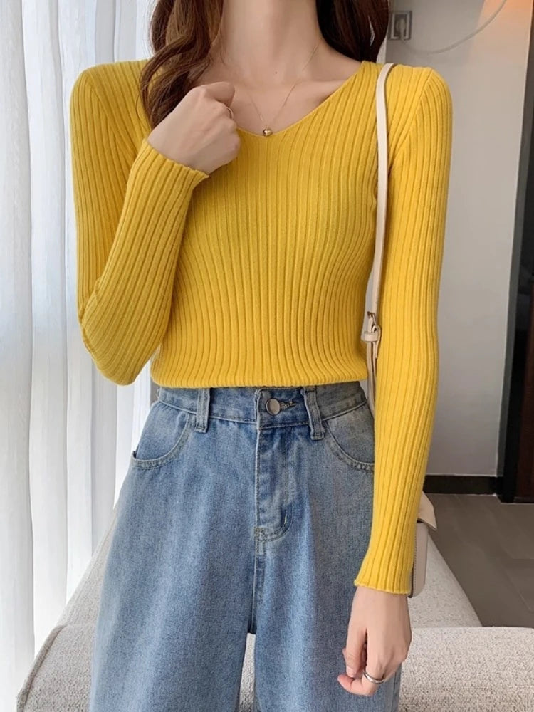 2025 einfarbig Schlank Pullover Koreanische Herbst Winter V-ausschnitt Pullover Mode Lässig Langarm Gestrickte Pullover Frauen Kleidung
