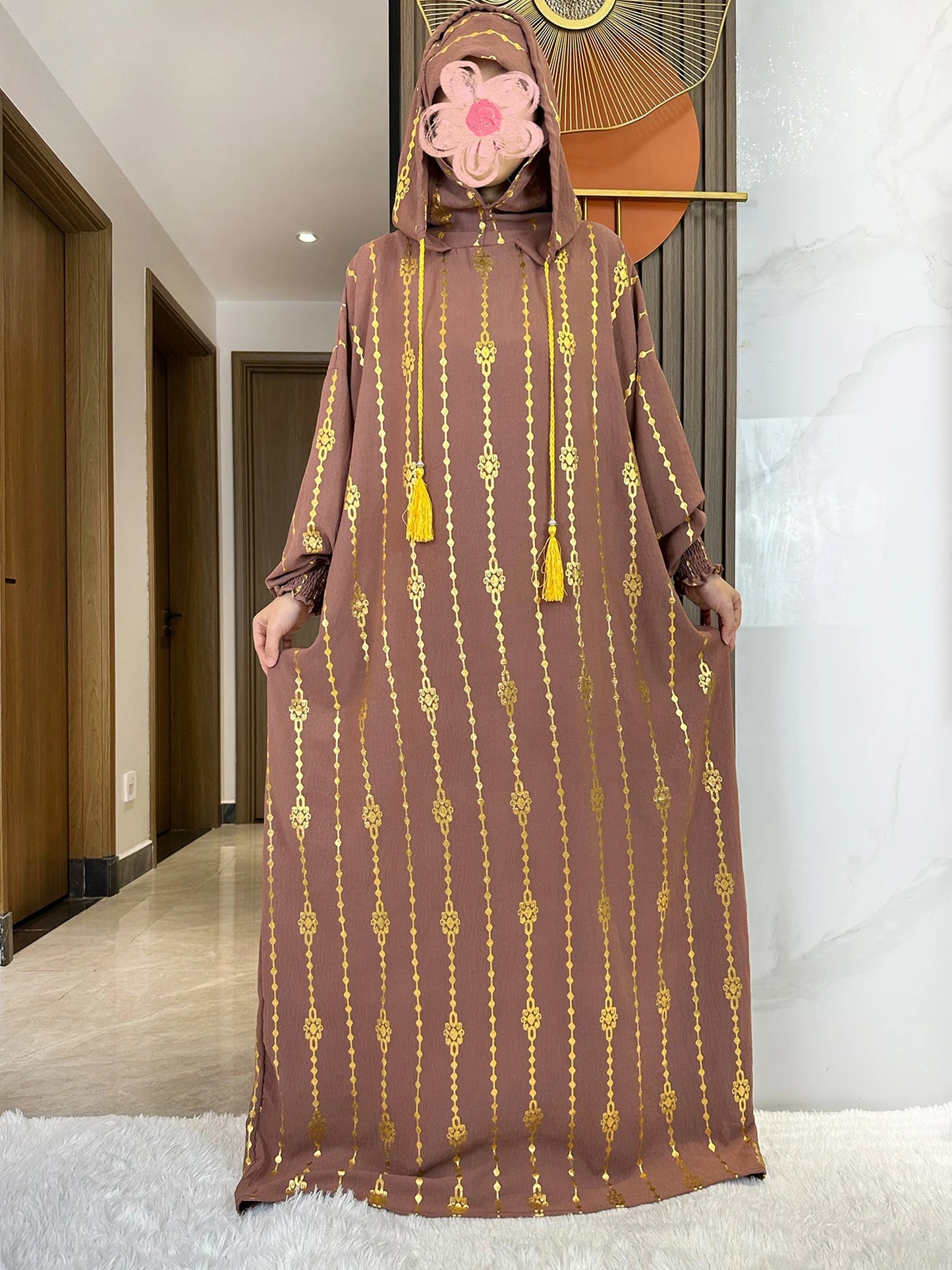 High Grade Cotton Fabric Ramadan Muslim Two-Hat Abaya Dubai Turkey Islam Prayer Clothes Gold Dust Dress Islam Women Dress Kaftan