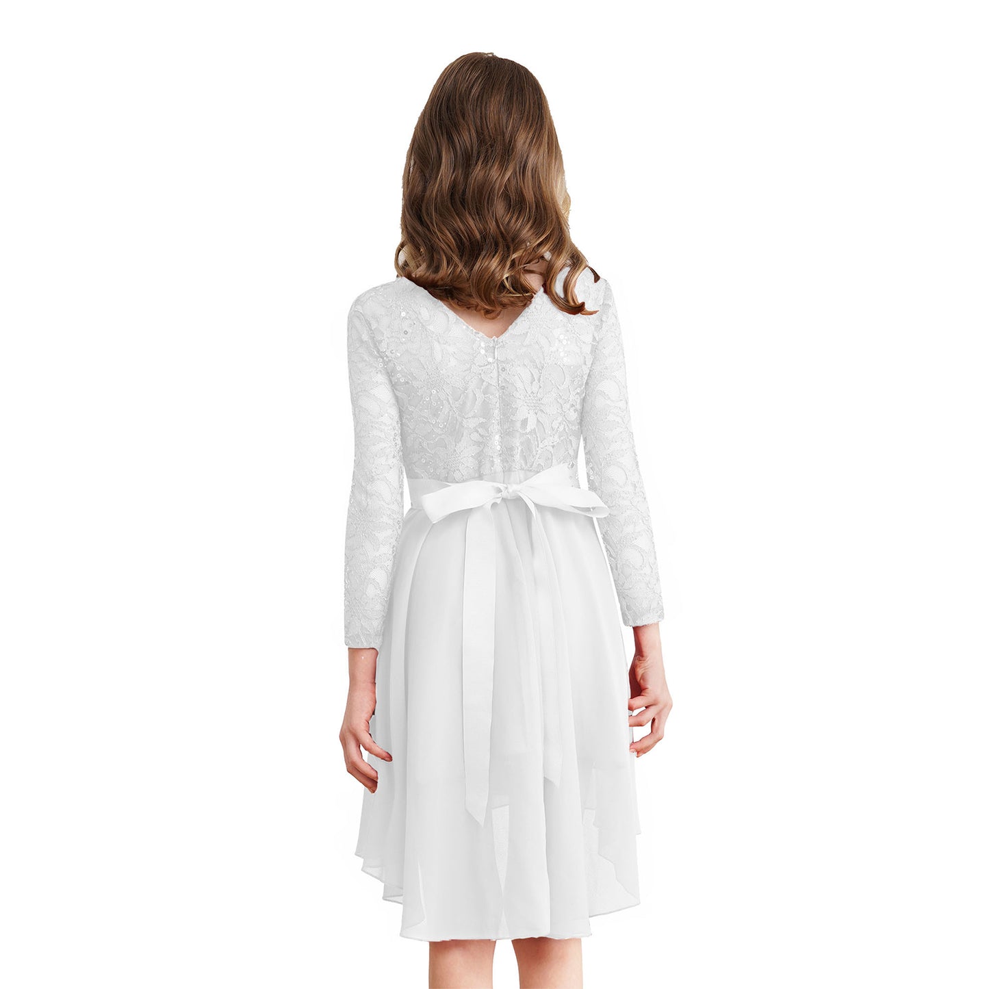 Elegantes Spitzen-Partykleid für Kinder, Mädchen, Chiffon, Spleißen, langärmelig, Kleid mit hohem und niedrigem Saum und Strass-Schärpe für Hochzeit, Geburtstag